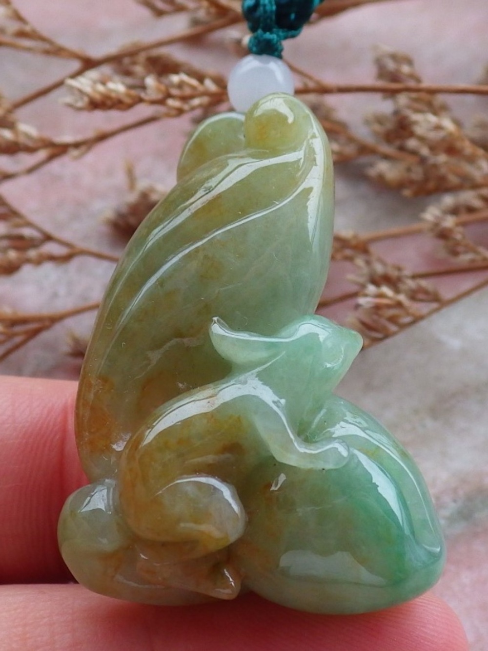 Certified Natural A Jade Jadeite Squirrel Peach Lucky Amulet Pendant Necklace